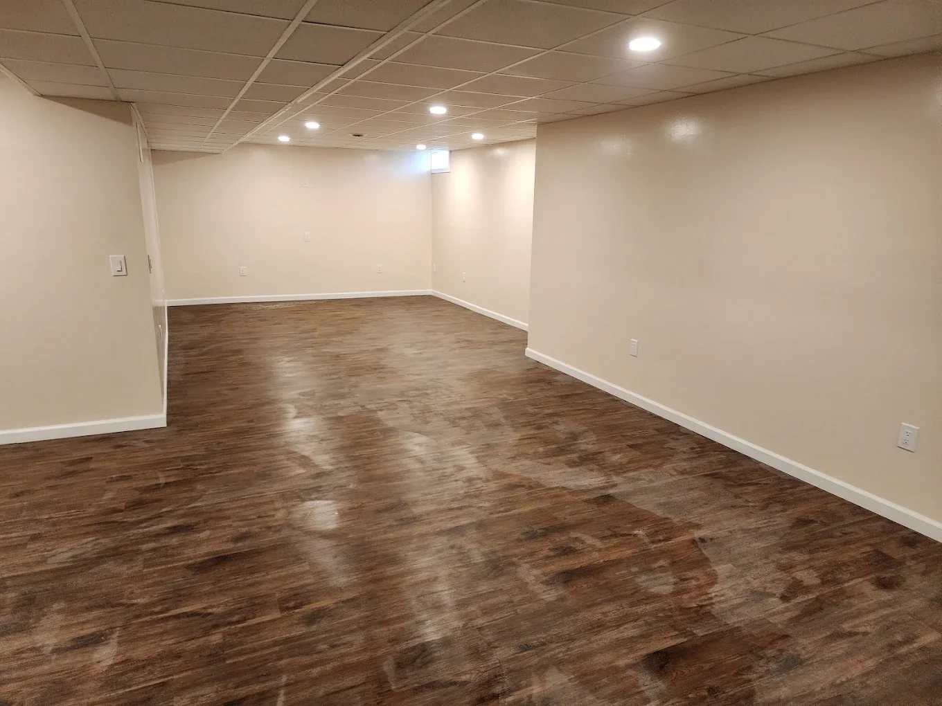 Finished basement with glossy wood-look flooring
