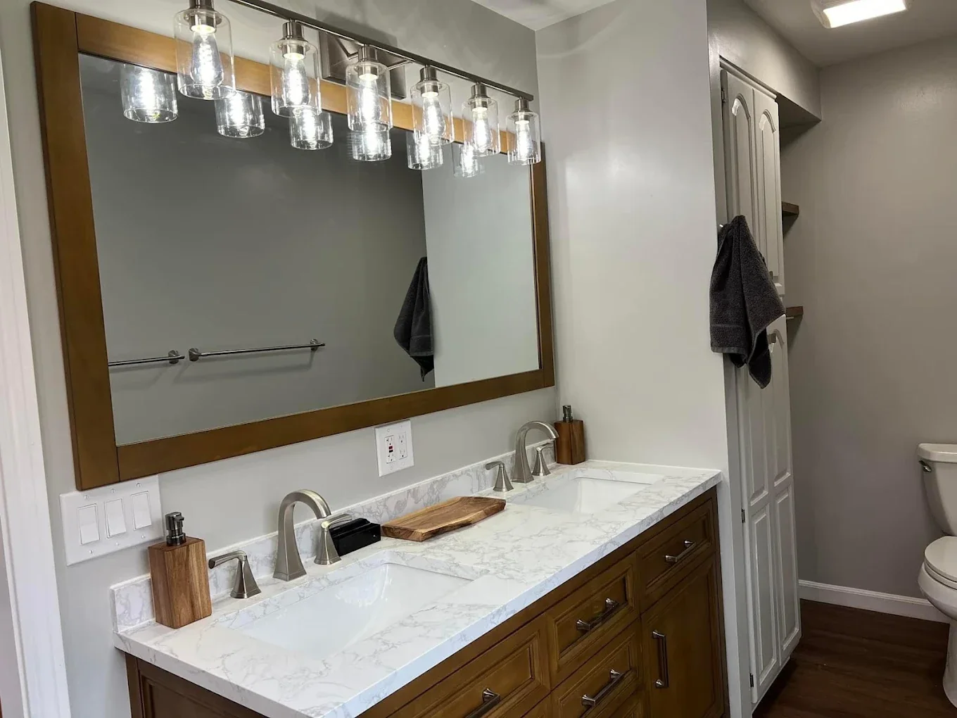 Bathroom with remodeled double vanity