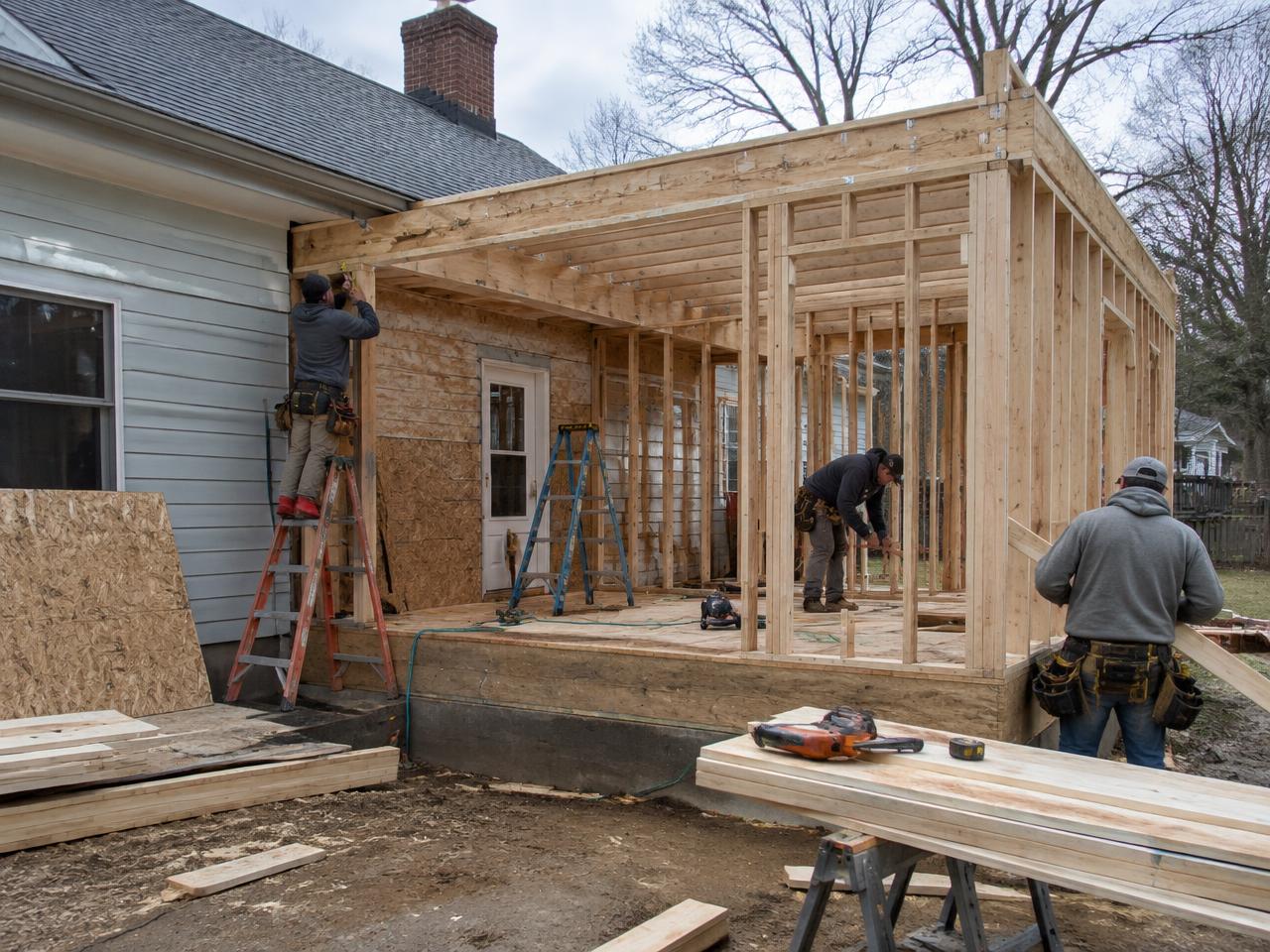 Our crew framing a home addition in Rochester
