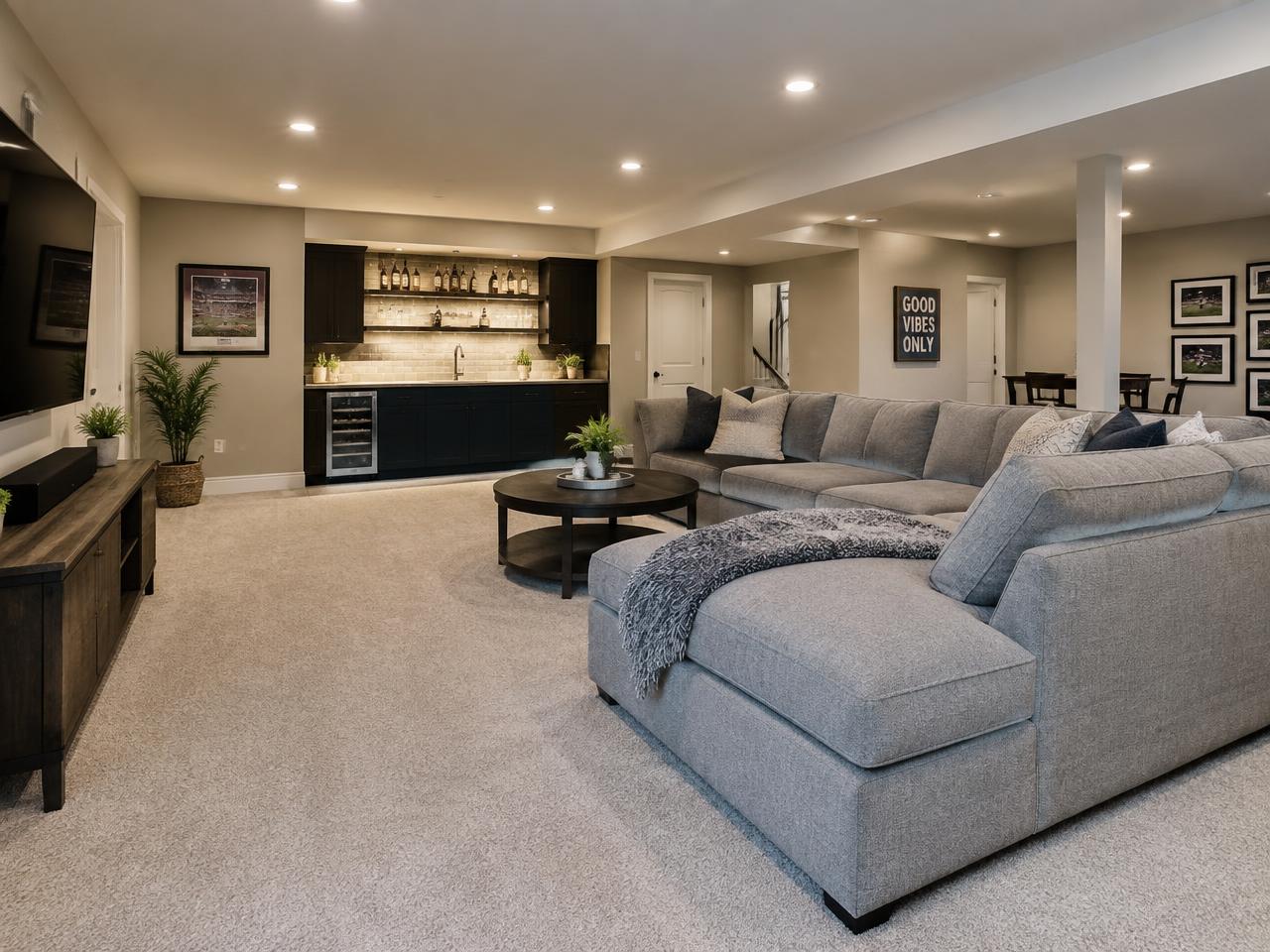 Finished basement family room with sectional sofa and wet bar