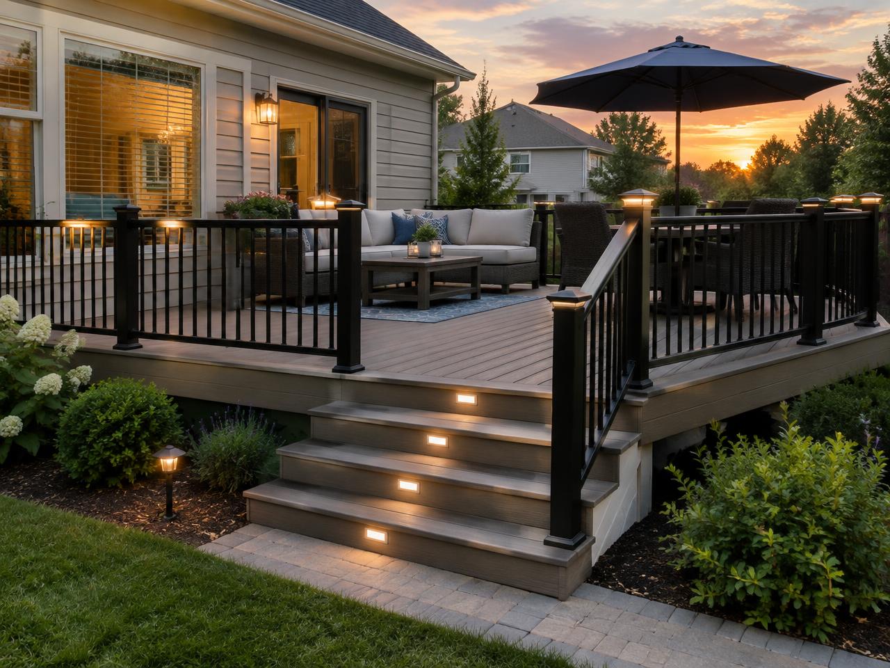 Composite deck with black railings at dusk