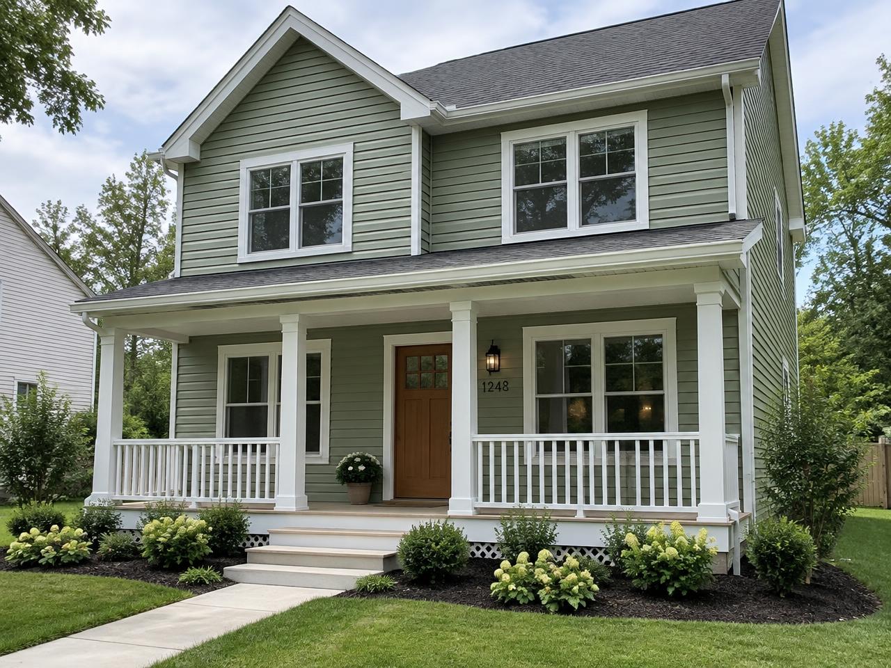 Home exterior with new sage green siding, white trim and covered front porch