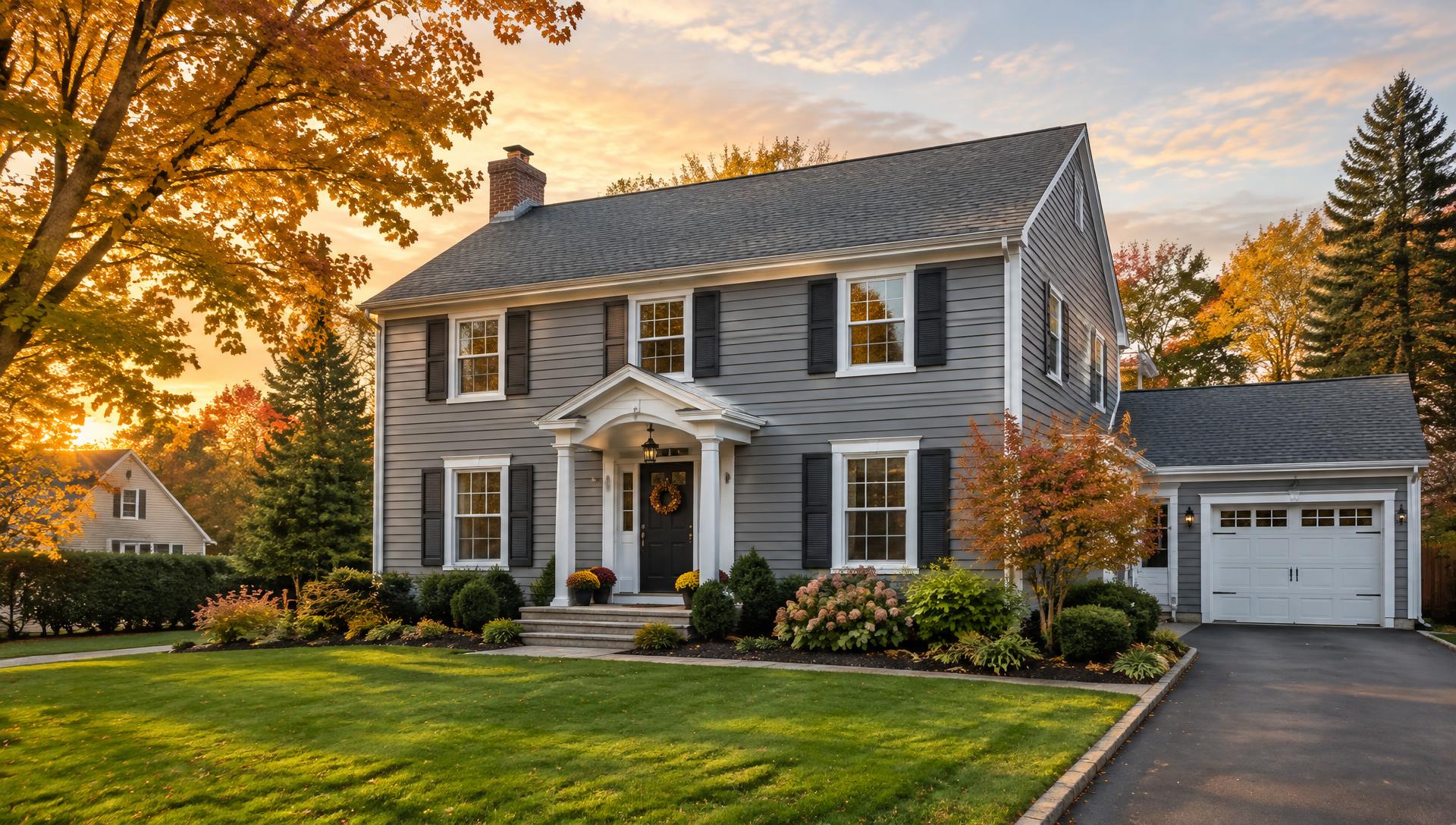 Renovated gray colonial home in Rochester, NY at sunset
