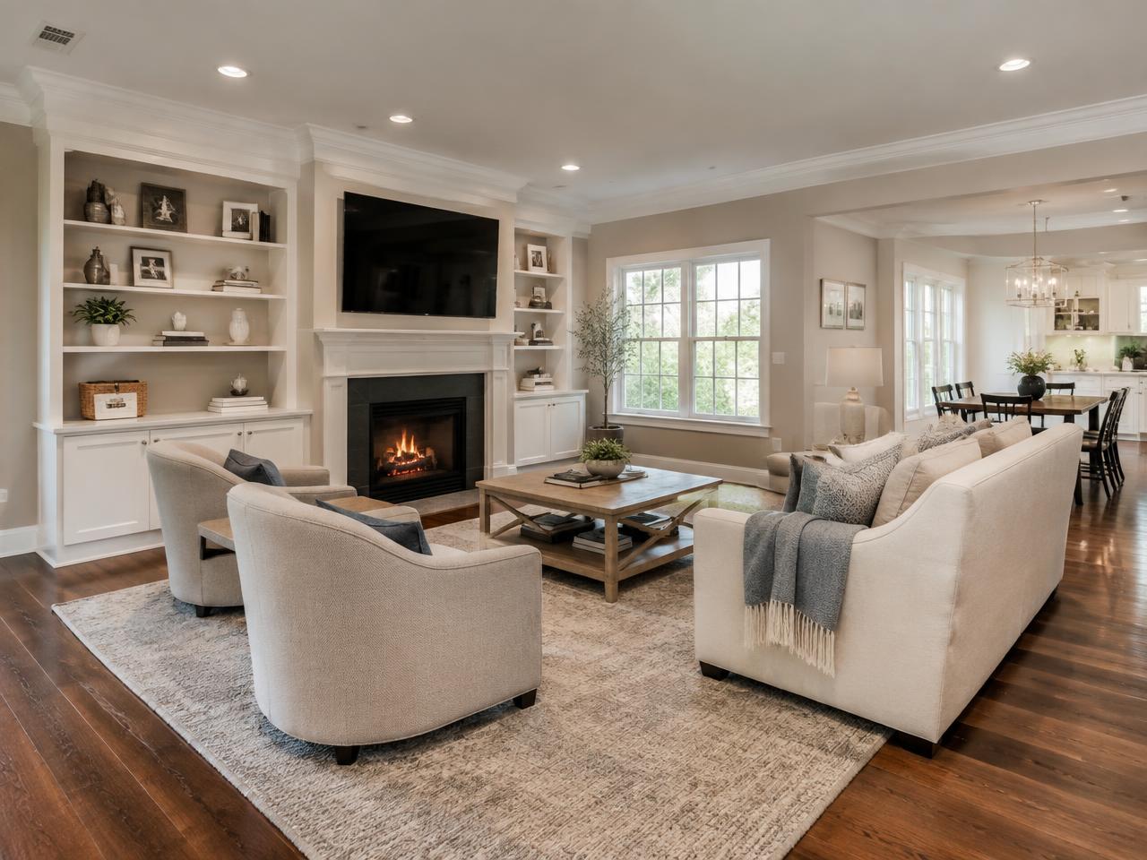 Renovated living room with built-in shelving, fireplace and hardwood floors
