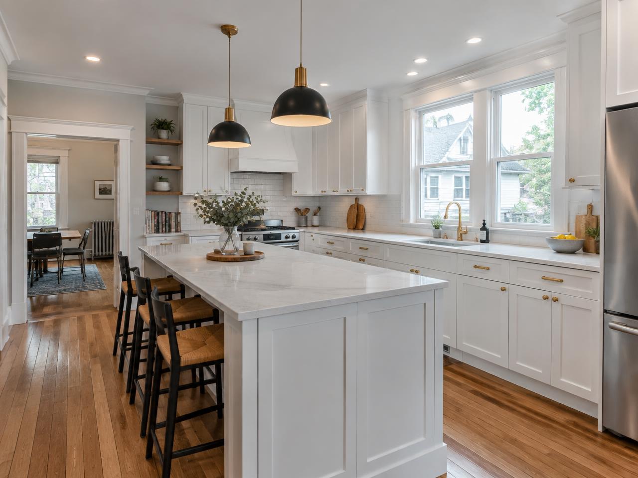 Remodeled white shaker kitchen with quartz island and brass pendant lights