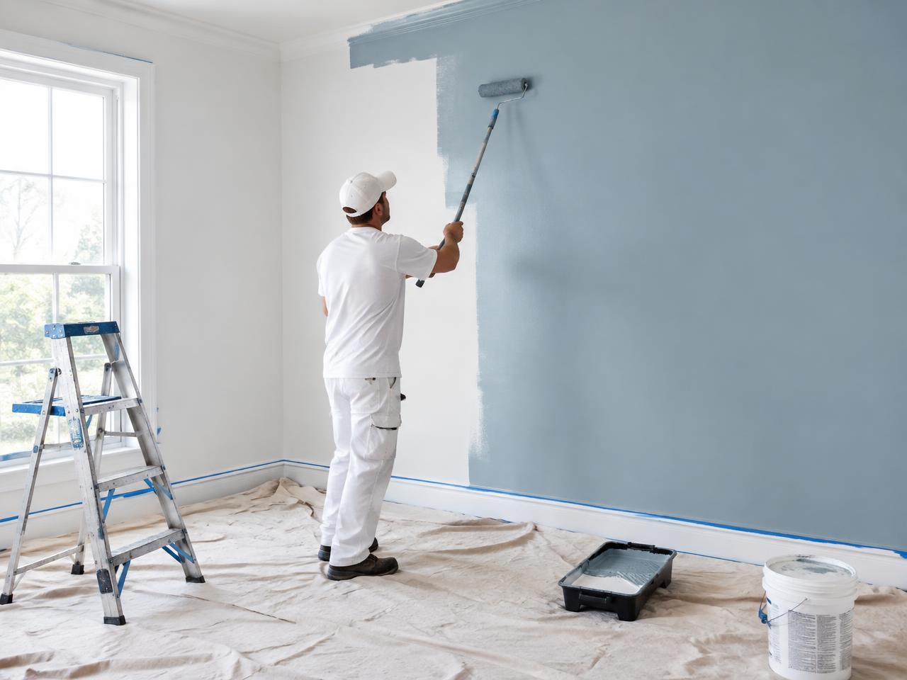 Painter rolling blue paint onto an interior wall over drop cloths