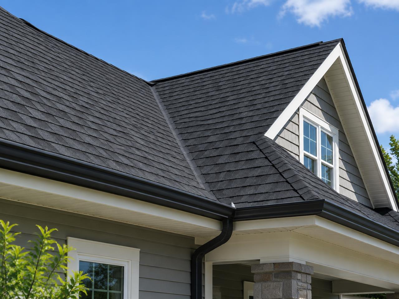New dark architectural shingle roof with black gutters