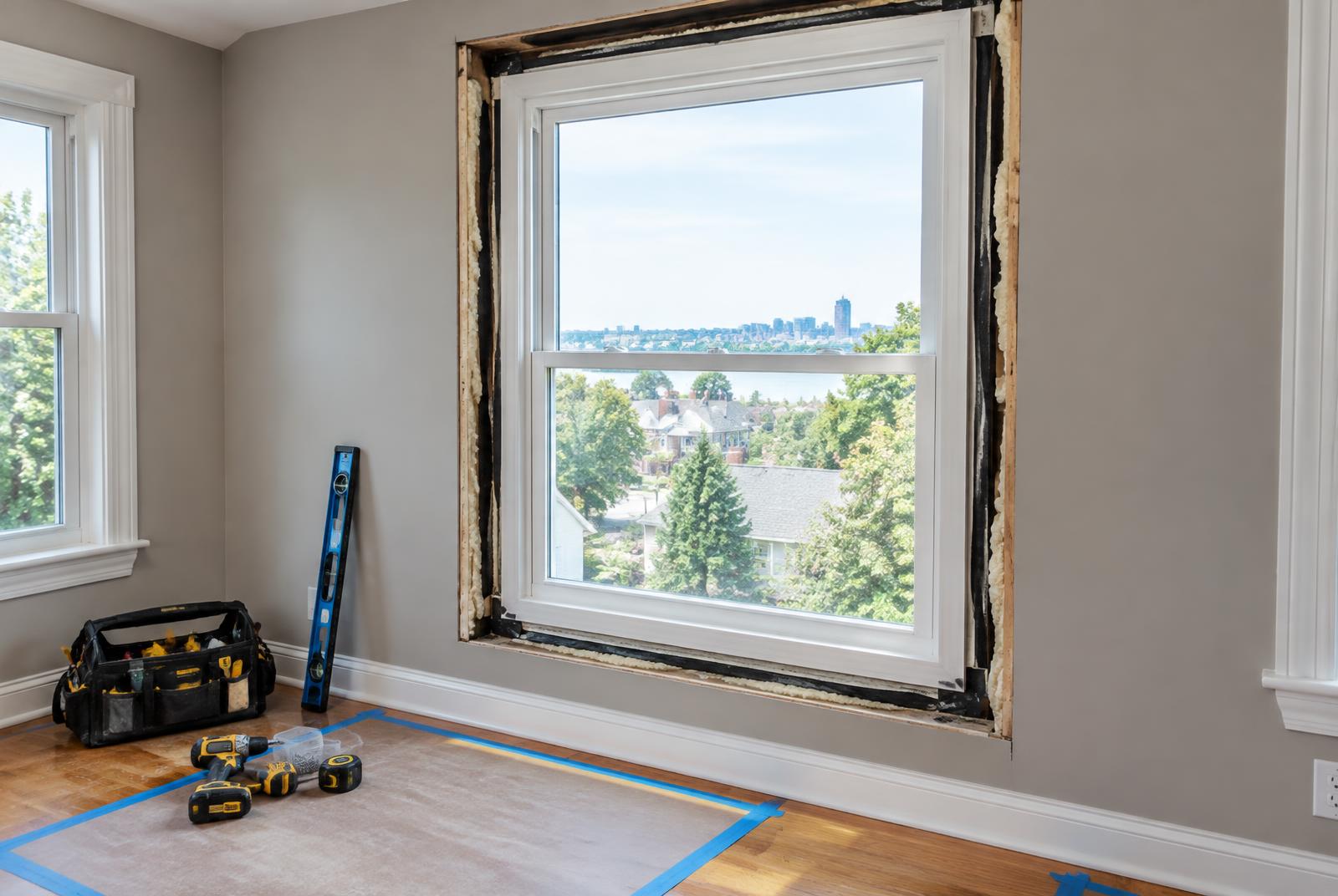 Replacement window being fitted and sealed inside a Rochester home